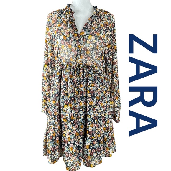 Zara Dresses & Skirts - ZARA Deep Navy Blue Floral Flouncy Mini Dress, Size M.